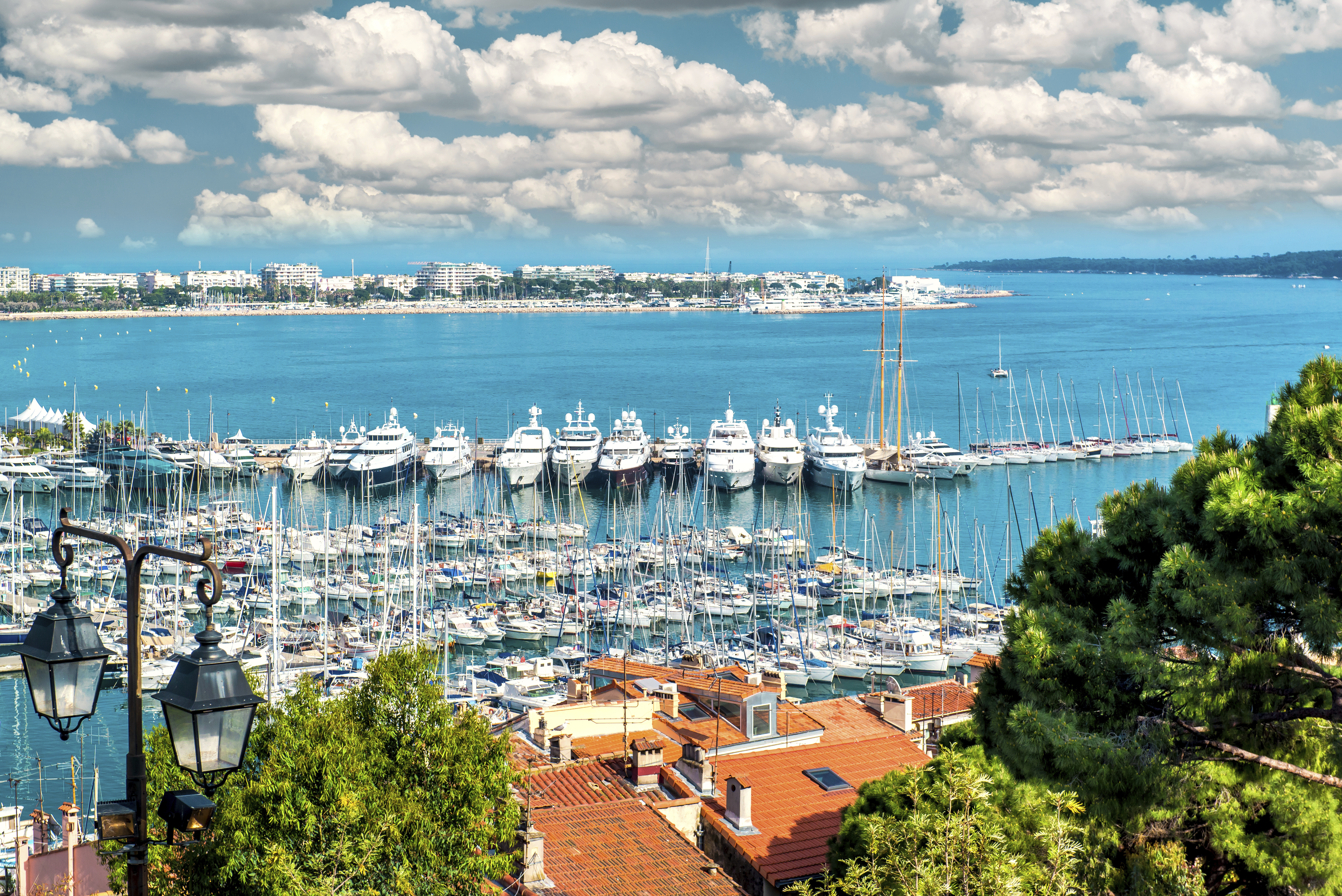 View of Cannes' Old Port with boats and sea in background